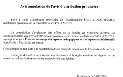 Avis d’annulation de l’attribution provisoire de la consultation N°24/SG/FM/2025