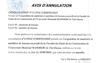 Avis d’annulation de la consultation N°11/FGC/UMMTO/2025