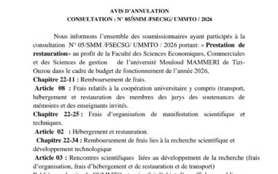 Avis d’annulation de la consultation : N°05/SMM/FSECSG/ UMMTO/2026