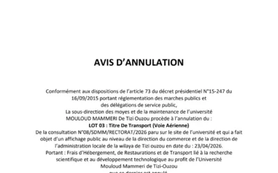 Avis d’annulation du lot 03 de la consultation N°08/SDMM/RECTORAT/2026