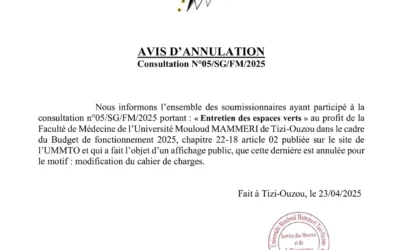 Avis d’Annulation de la Consultation N°05/SG/FM/2025