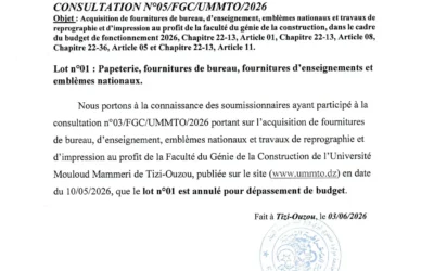 Avis d’annulation du lot N°01 de la consultation N°05/FGC/UMMTO/2026