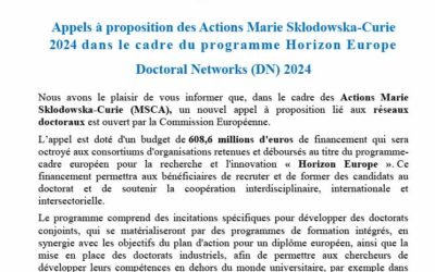 Appels à proposition des Actions Marie Sklodowska-Curie2024 dans le cadre du programme Horizon Europe