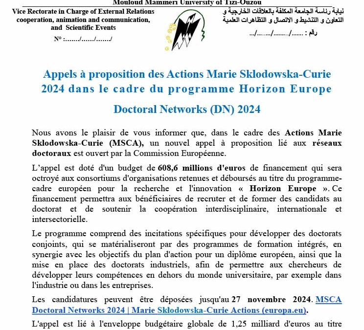 Appels à proposition des Actions Marie Sklodowska-Curie2024 dans le cadre du programme Horizon Europe