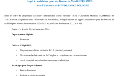 Appel à candidature pour des Bourses de Mobilité ERASMUS+ Avec l’Université de POWISLANSKI POLOGNE