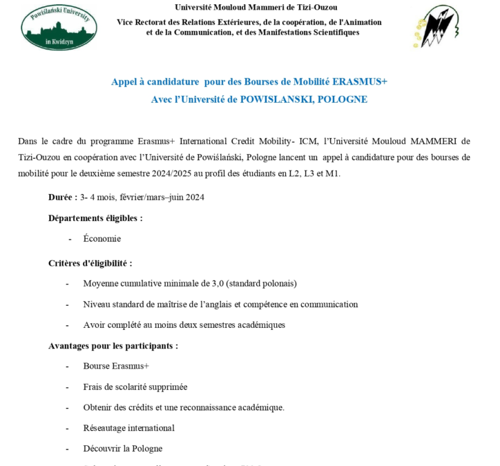 Appel à candidature pour des Bourses de Mobilité ERASMUS+ Avec l’Université de POWISLANSKI POLOGNE