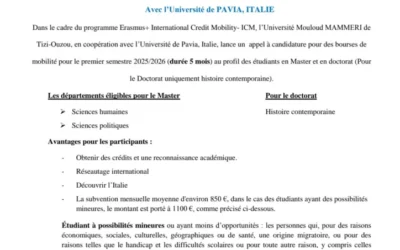 Appel à candidature pour des Bourses de Mobilité ERASMUS+ Avec l’Université de PAVIA-ITALIE