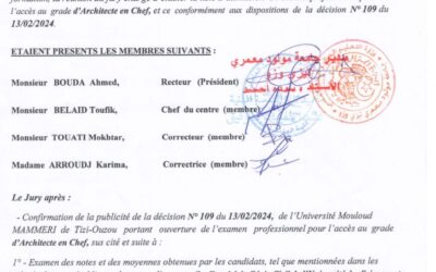 La liste d’admission définitive à l’examen professionnel l’accès au grade d’Architecte en Chef