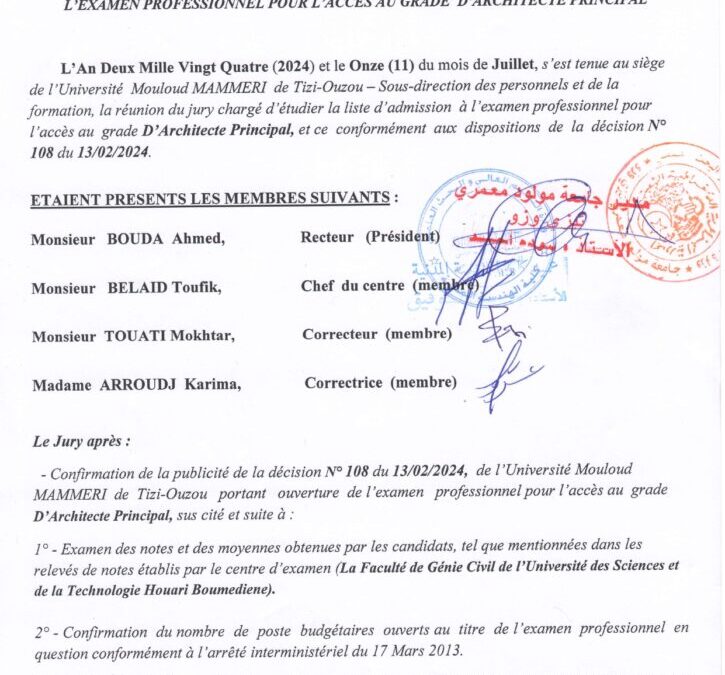 La liste d’admission définitive à l’examen professionnel l’accès au grade d’architecte principal