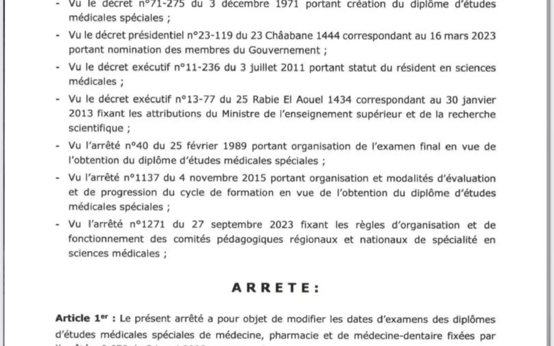 Arrêté modifiant les dates des examens de D.E.M.S.
