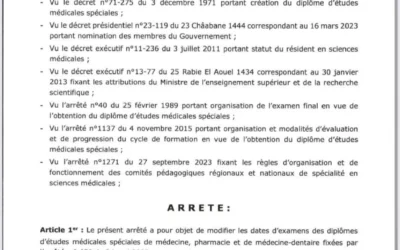Arrêté modifiant les dates des examens de D.E.M.S.