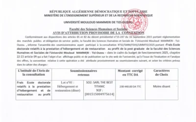 Avis d’Attribution Provisoire de la consultation N-02/SMM/FSHS/UMMTO/2025