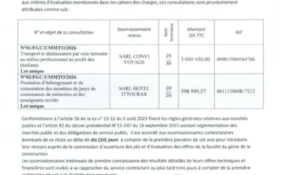 Avis d’attribution provisoire des consultations N°01 et 02/FGC/UMMTO/2026
