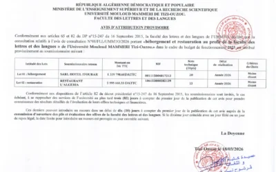 Avis d’attribution provisoire de la consultation N°01/FLL/UMMTO/2026