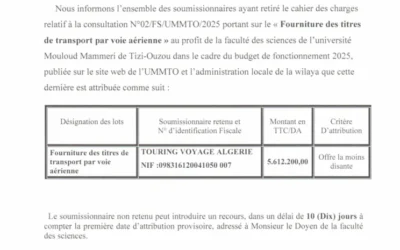 Avis d’attribution provisoire de la consultation N°02/FS/UMMTO/2025
