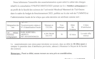 Avis d’attribution provisoire de la consultation N°06/FS/UMMTO/2025