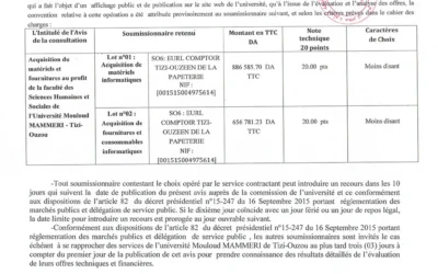 Avis d’attribution provisoire de la consultation N°08/SMM/FSHS/UMMTO/2025
