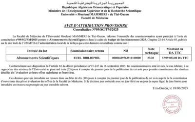 Avis d’attribution provisoire de la consultation N°09/SG/FM/2025