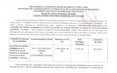 Avis d’attribution de la consultation N°09/SMM/FSHS/UMMTO/2025