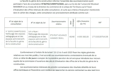 Avis d’attribution provisoire de la consultation N°20/FGC/UMMTO/2025