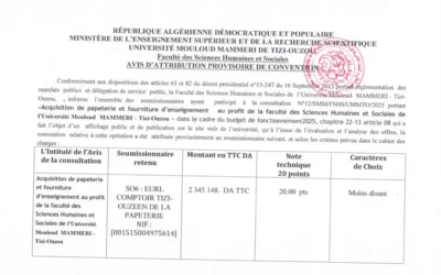 Avis d’attribution de la consultation N°12/SMM/FSHS/UMMTO/2025