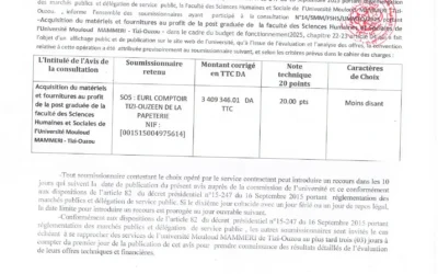 Avis d&rsquo;attribution provisoire N°14/SMM/FSHS/UMMTO/2025