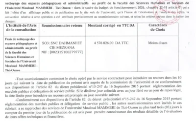 Avis d’attribution provisoire de la consultation N°16/SMM/FSHS/UMMTO/2025