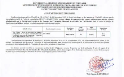 Avis d’attribution provisoire de la consultation N°21/FLL/UMMTO/2024