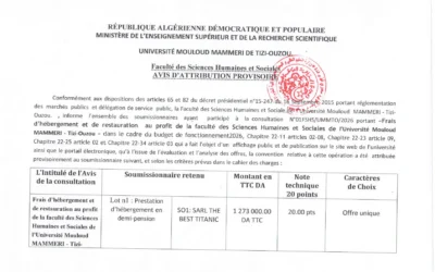 Avis d’attribution provisoire de la consultation N°01/FSHS/UMMTO/2026