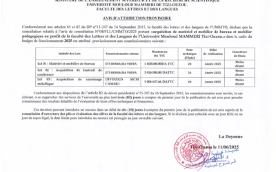 Avis d’attribution provisoire de la consultation N°08/FLL/UMMTO/2025