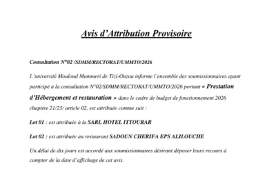 Avis d’Attribution Provisoire de la consultation N°02 /SDMM/RECTORAT/UMMTO/2026