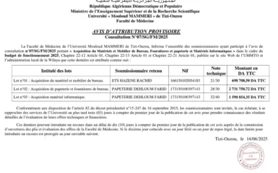AVIS D’ATTRIBUTION PROVISOIRE de la consultation N°07/SG/FM/2025
