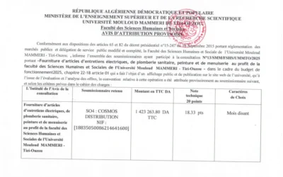Avis d&rsquo;attribution provisoire de la consultation N° 13/SMM/FSHS/UMMTO/2025