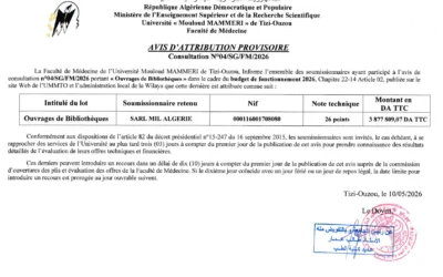 Avis d’attribution provisoire de la consultation N°04/SG/FM/2026