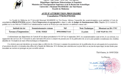 Avis d’attribution provisoire de la consultation N°06/SG/FM/2026