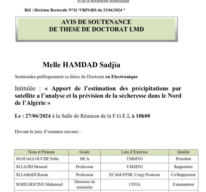 Avis de Soutenance de Thèse de Doctorat LMD de Mme HAMDAD Sadjia