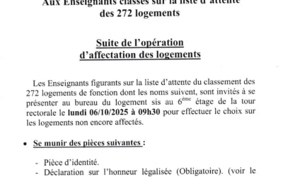 Avis aux Enseignants classés sur la liste d&rsquo;attente des 272 logements