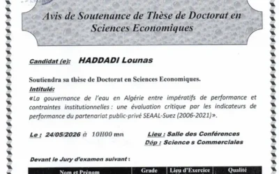 Avis de soutenance de thèse de doctorat en Sciences Economiques de Monsieur HADDADI Lounas