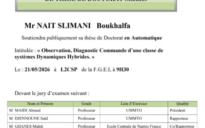 Avis de soutenance de thèse de doctorat en Automatique de Monsieur NAIT SLIMANI Boukhalfa