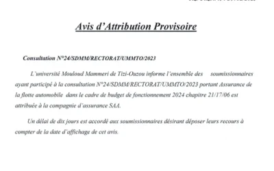 Avis d’attribution provisoire n°24/SDMM/UMMTO/2023