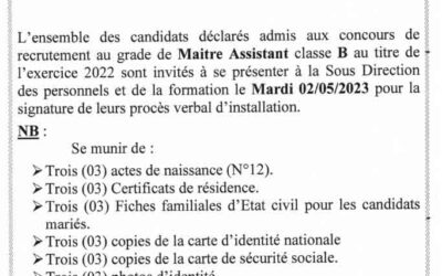 Avis aux candidats admis aux concours de recrutement maitre assistant classe B:siganture Pv