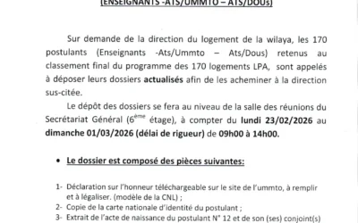 Avis aux postulants retenus dans le classement des 170 logements LPA