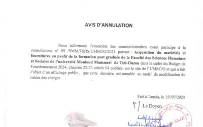 Avis d’Annulation Consultation N°09/SMM/FSHS/UMMTO/2024