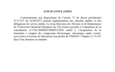 Avis d’Annulation Consultation N°17 BIS/SDMM/UMMTO/2024