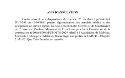 Avis d’Annulation Consultation N°20 BIS/SDMM/UMMTO/2024
