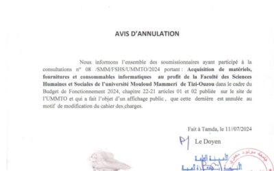 Avis d’Annulation de la Consultation N°08/SMM/FSHS/UMMTO/2024
