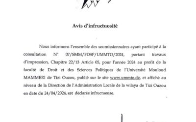 Avis d’Infructuosité Consultation N°07/SMM/FDSP/UMMTO/2024