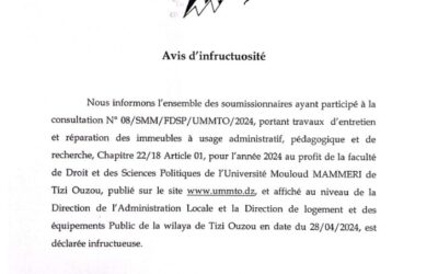 Avis d’Infructuosité Consultation N° 08/SMM/FDSP/UMMTO/2024