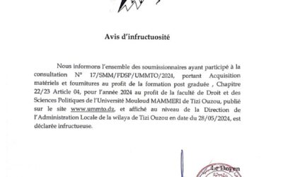 Avis d’Infructuosité Consultation N°17/SMM/FDSP/UMMTO/2024