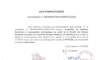Avis d’Infructuosité  consultation N°08/SMM/FSHS/UMMTO/2024